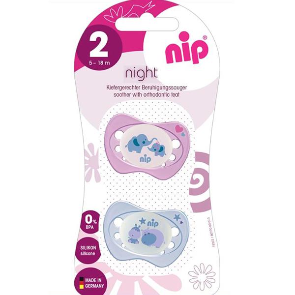 پستانک سیسلکونی 5-18 ماه نیپ Nip مدل Hippo & Elephant مخصوص شب